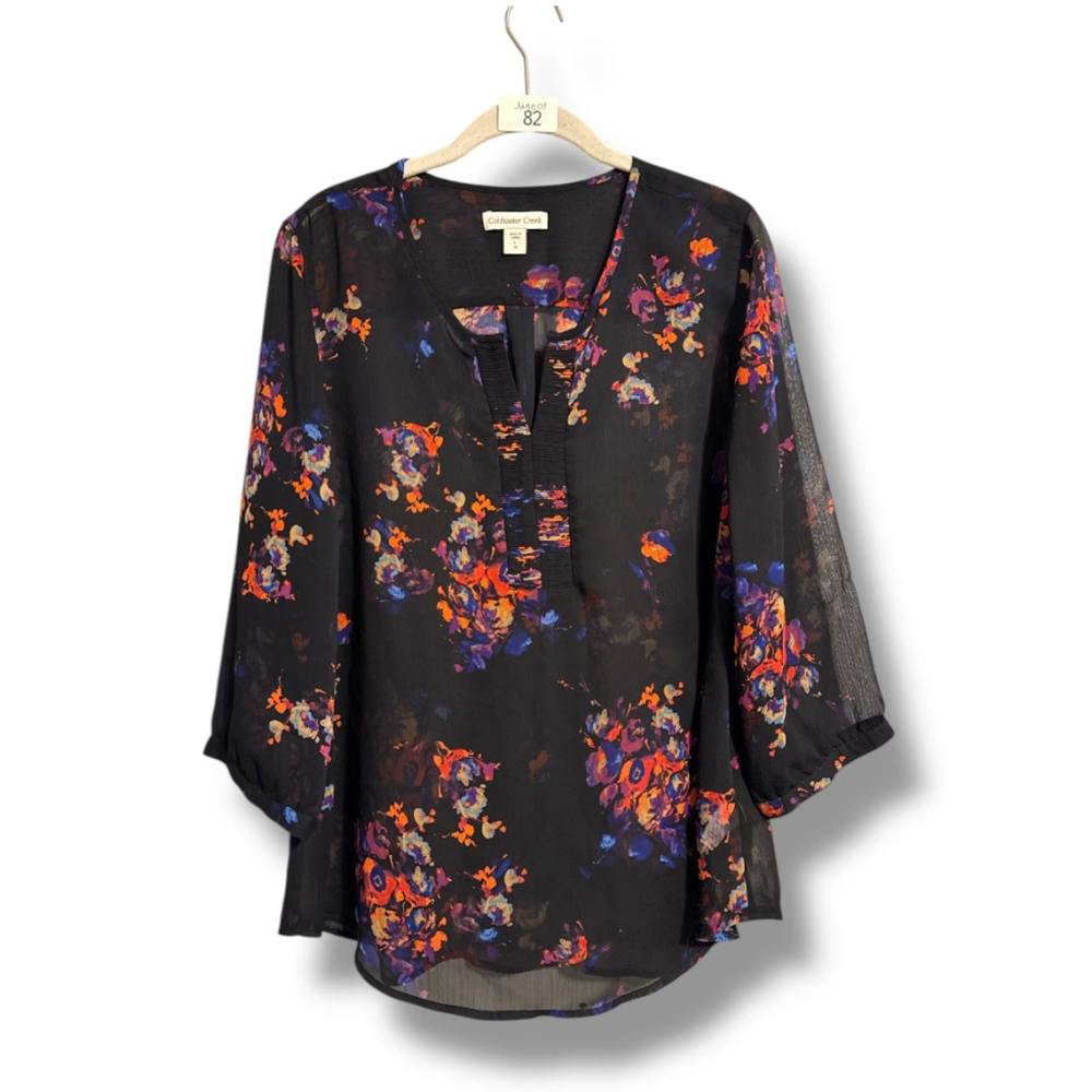 Coldwater Creek Sheer Floral Blouse Tunic Black Purple Orange Whimsy Size L